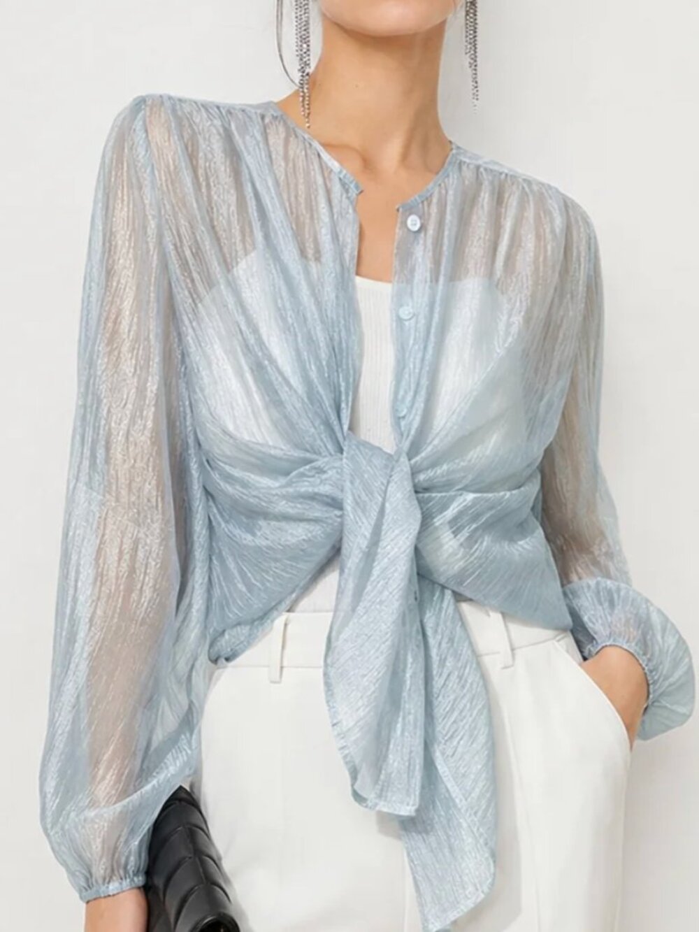 Commense Semi-Sheer Through Long Sleeve Button Blouse M